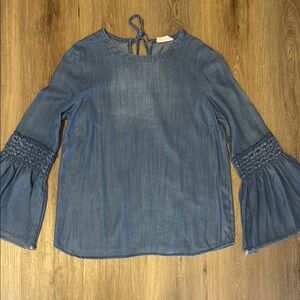 Altar'd State Blue Chambray Smocked Bell Sleeve Blouse Like New